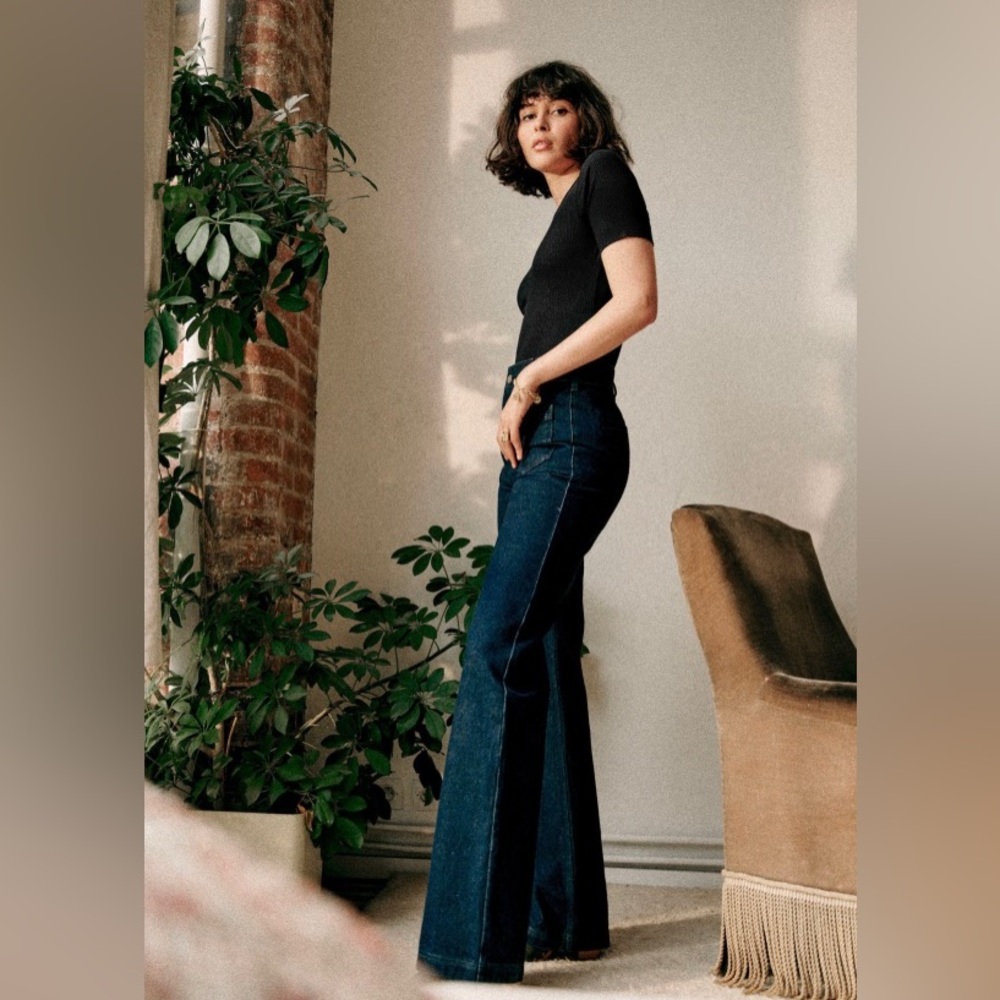 SEZANE ERIC INDIGO NWT!! TROUSERS DARK BLUE DENIM SIZE 36 US 6 hight rise flare